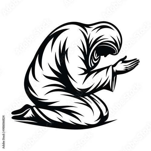 Man Kneeling With Hands Open Silhouette Illustration, Black & White Religious Figure