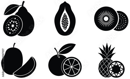 Tropical & Exotic Fruits Combo Set Silhouette – Vector Illustration of Diverse Organic Shapes for Healthy Food, Botanical, Summer, and Culinary Design Projects