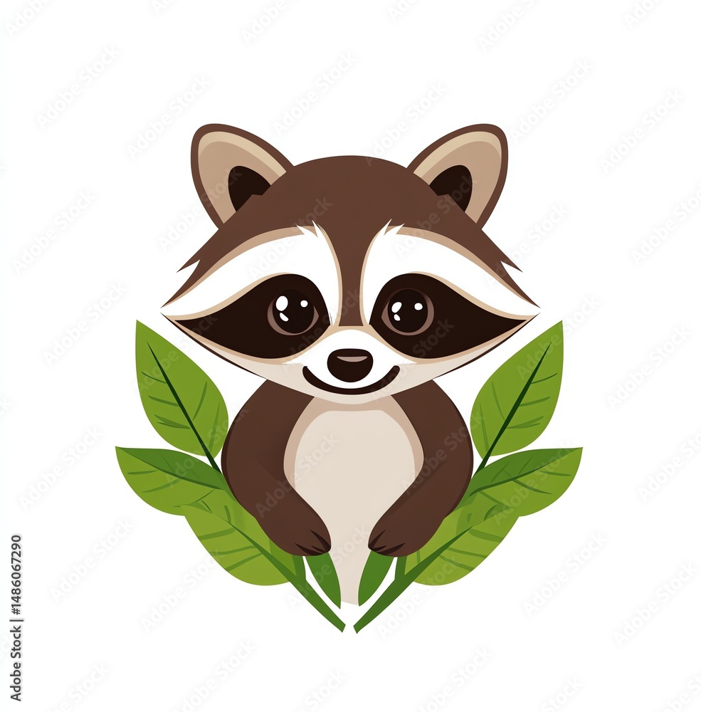 Fototapeta premium Adorable Raccoon Amidst Lush Green Leaves, a Charming Illustration of Wildlife