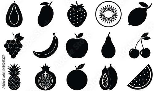 Tropical & Exotic Fruits Combo Set Silhouette – Vector Illustration of Diverse Organic Shapes for Healthy Food, Botanical, Summer, and Culinary Design Projects