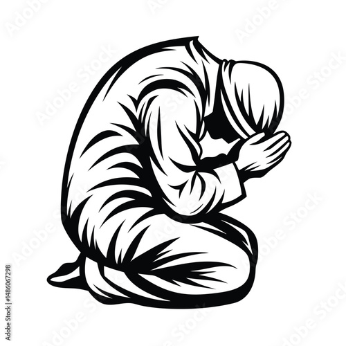 Silhouette of Muslim Man Kneeling with Hands Clasping Face in Contemplation or Repentance