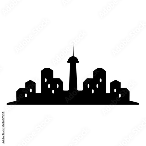 Silhouette of a city skyline with a prominent tower in black