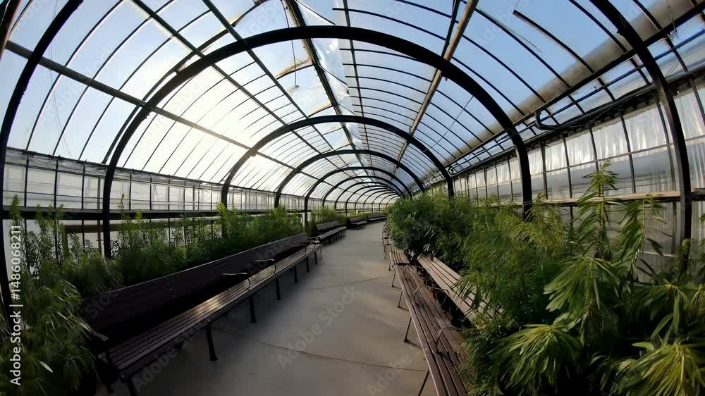 Curved roof conservatory interior with plants, benches, walkway Curved roof conservatory interior with plants, benches, walkway