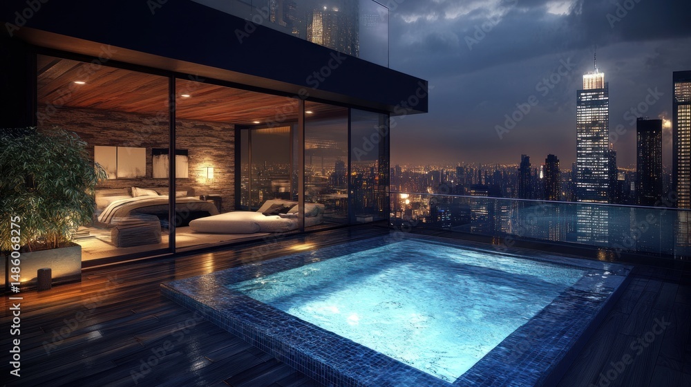 Rooftop penthouse hot tub at night