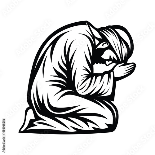 Kneeling Silhouette, Black and White Art, Hands Clasped, Grief, Despair, Spiritual, Faith