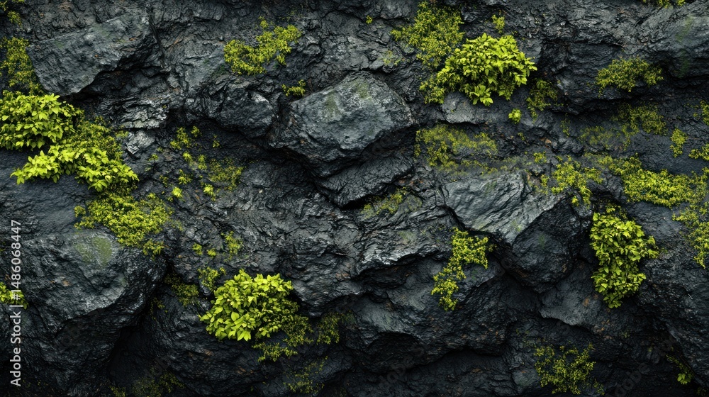 Dark rock face with vibrant green moss Dark rock face with vibrant green moss
