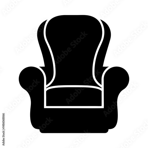 Black silhouette of an upholstered armchair with wingback and comfortable cushions