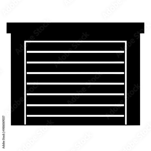 Illustration of closed garage door with horizontal panels and dark silhouette