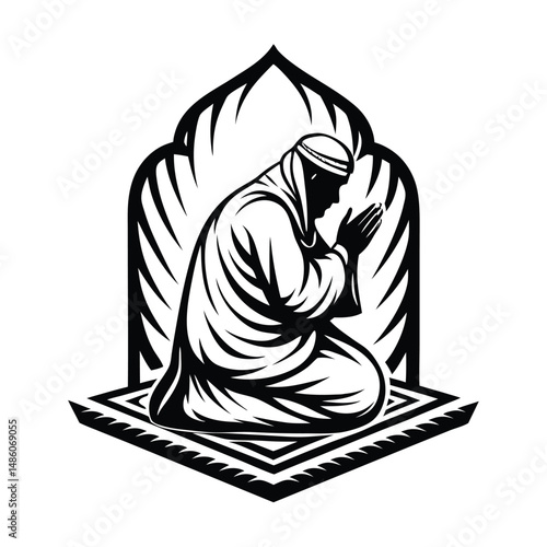 Islamic Prayer Silhouette Kneeling Man with Hands Raised on Decorated Rug in Archway