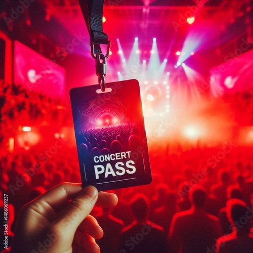 Concert Pass Hanging in Vibrant Red-Lit Venue with Blurred Crowd and Stage Lights
