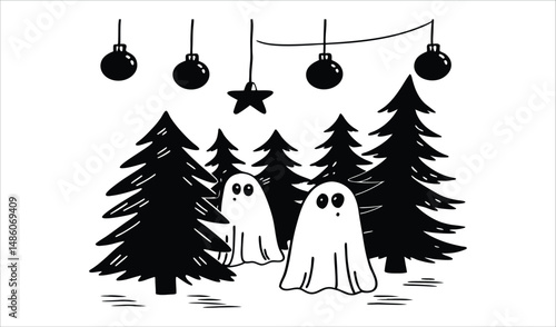 Set of Christmas Trees with Snowy Winter Holiday Decorations