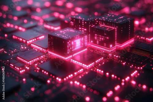 Futuristic Technology Concept with Glowing Pink Circuit Boards and Microchips