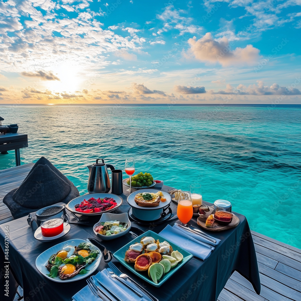 Obraz premium Black Table Dining Setup by the Sea with Sunrise View