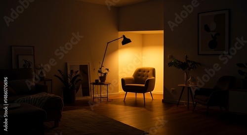 Cozy Living Room Interior Design Warm Evening Ambiance with Armchair and Floor Lamp