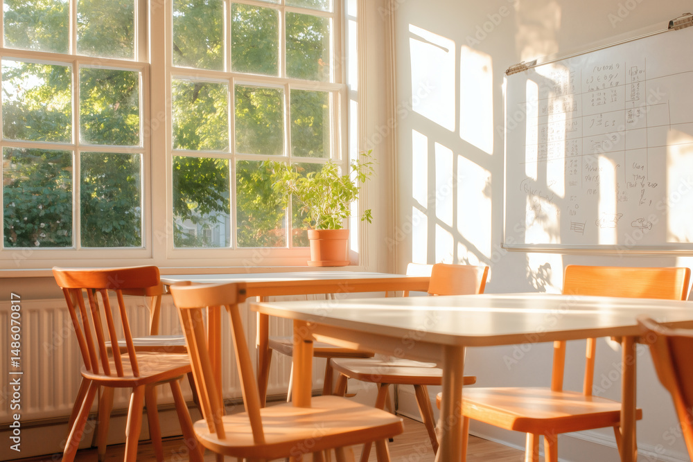 Obraz premium Sunlight streams into a cozy classroom filled with wooden chairs and a whiteboard, creating a warm and inviting atmosphere for learning and creativity