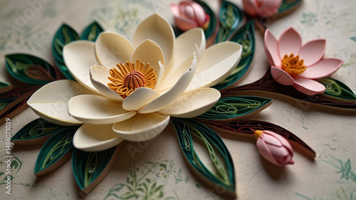 A breathtaking depiction of magnolia blossoms crafted in intricate quilling style