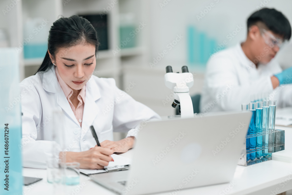 Medical research team conducting scientific experiments in a pharmaceutical laboratory, analyzing samples under microscopes to develop innovative medicine and healthcare solutions Medical research team conducting scientific experiments in a pharmaceutical laboratory, analyzing samples under microscopes to develop innovative medicine and healthcare solutions