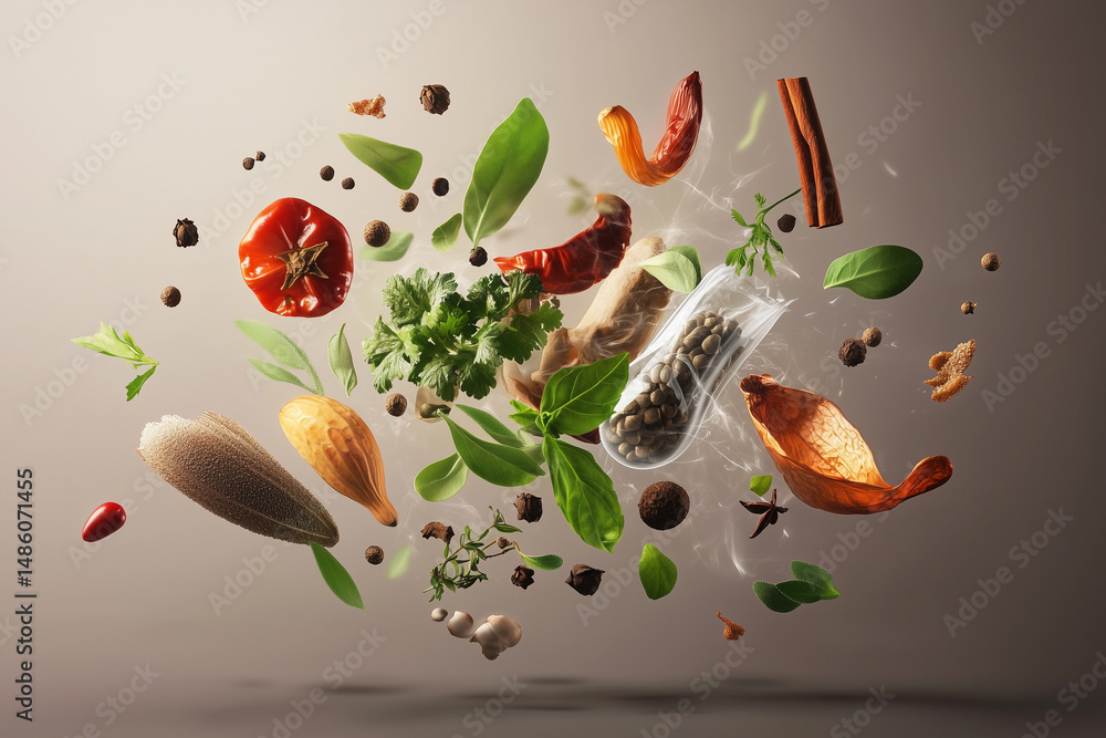 Floating Spices and Fresh Herbs in Creative Food Composition Floating Spices and Fresh Herbs in Creative Food Composition