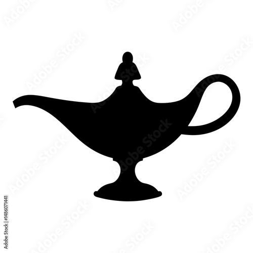 Magical Aladdin's lamp silhouette with intricate details and whimsical charm presented in black
