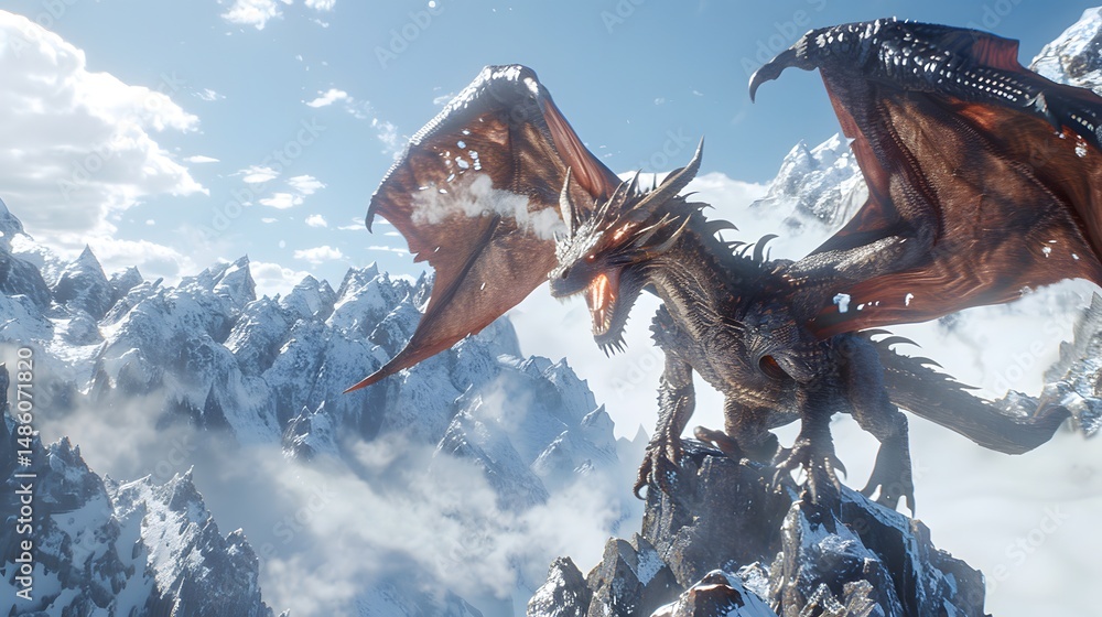 Fototapeta premium Dragon Roaring from Mountain Peaks at Sunrise 
