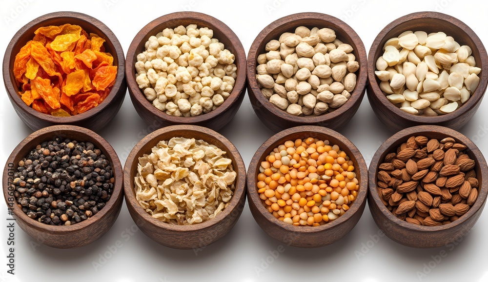Eight wooden bowls filled with a variety of dried legumes, nuts, and seeds. A colorful and healthy mix of superfoods. Eight wooden bowls filled with a variety of dried legumes, nuts, and seeds. A colorful and healthy mix of superfoods.