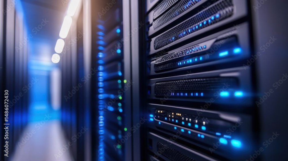 Data Center Infrastructure with Server Racks and LED Lights in Focused Perspective Data Center Infrastructure with Server Racks and LED Lights in Focused Perspective