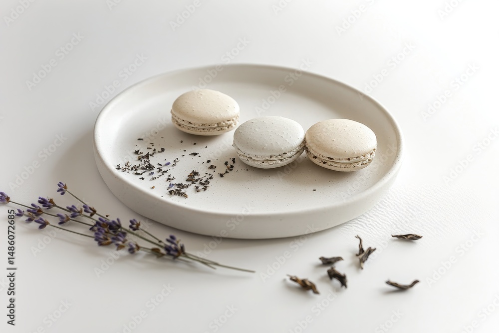 Fototapeta premium A delicate arrangement of lavender and Earl Grey-infused macarons, their smooth, glossy shells lightly speckled with flecks of finely ground tea leaves.