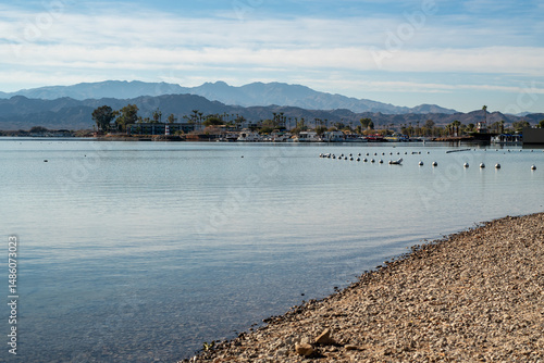 Lake Havasu, Arizona view with mountains, shoreline, and buoys.