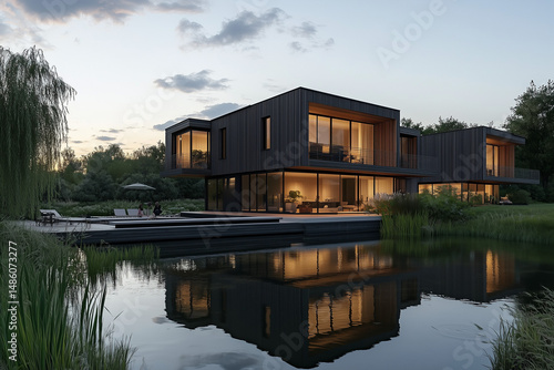 Minimal Black House with Large Windows and Water Reflection