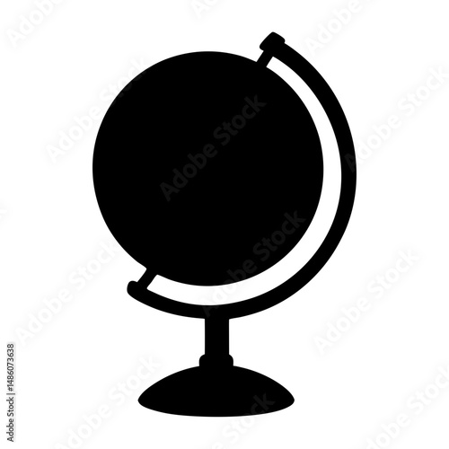 Stylized black and white illustration of a geographical globe with stand