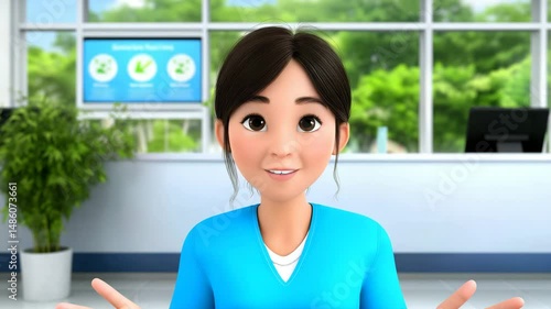 Cartoon-style expressive female doctor in modern hospital setting gestures while explaining a medical situation near x-ray screen. Ideal for educational or healthcare animation. AI generative 4K video