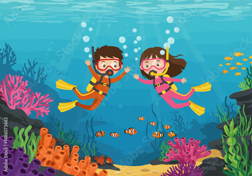 Cartoon illustration of two happy children scuba diving together, exploring a vibrant underwater world with colorful coral reefs and tropical fish. Kids diving