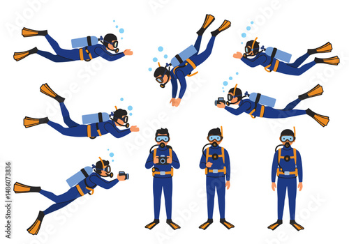 Set of cartoon scuba divers in various poses: swimming, exploring, photographing, and observing underwater life. Colorful and playful diving illustration collection