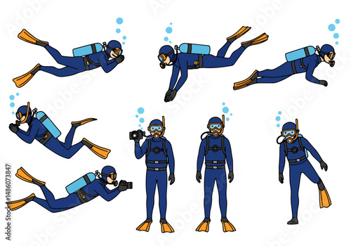 Set of cartoon scuba divers in various poses: swimming, exploring, photographing, and observing underwater life. Colorful and playful diving illustration collection