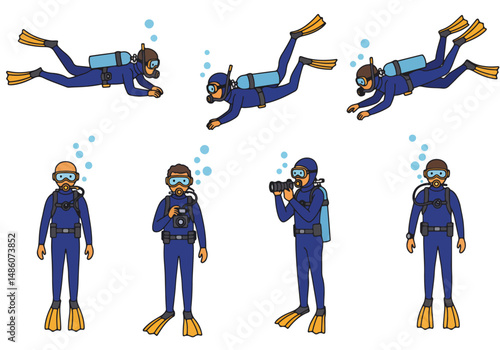 Set of cartoon scuba divers in various poses: swimming, exploring, photographing, and observing underwater life. Colorful and playful diving illustration collection