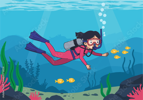 Cartoon illustration of a woman scuba diving in a vibrant underwater scene with coral, seaweed, rocks, bubbles, and small yellow fish. Underwater exploration
