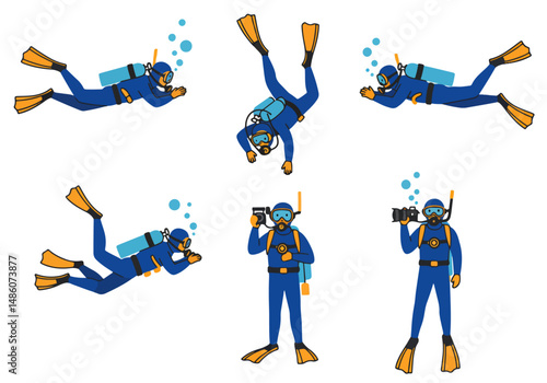 Set of cartoon scuba divers in various poses: swimming, exploring, photographing, and observing underwater life. Colorful and playful diving illustration collection
