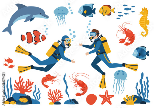 Vibrant vector illustration of scuba divers exploring the ocean with dolphins, seahorses, crabs, lobsters, jellyfish, starfish, coral, and colorful fish. Underwater world