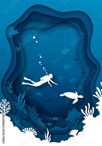 Paper cut style vector illustration of a scuba diver exploring a layered underwater scene with coral reefs, seaweed, fish, and bubbles in shades of blue. Ocean depth