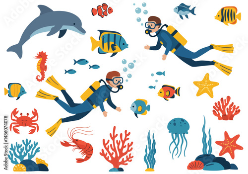 Vibrant vector illustration of scuba divers exploring the ocean with dolphins, seahorses, crabs, lobsters, jellyfish, starfish, coral, and colorful fish. Underwater world
