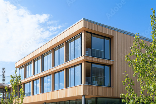 Contemporary Wooden Cabin with Lawn and Pine Trees