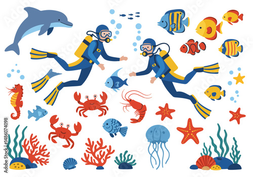 Vibrant vector illustration of scuba divers exploring the ocean with dolphins, seahorses, crabs, lobsters, jellyfish, starfish, coral, and colorful fish. Underwater world