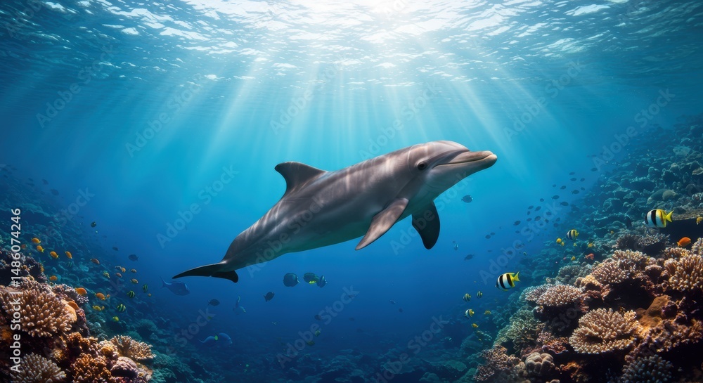 Fototapeta premium Dolphin swimming in coral reef