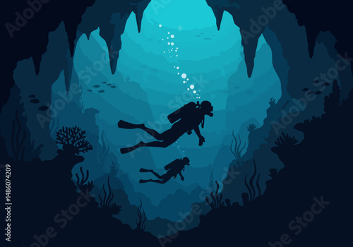 Cave diving adventure: Silhouette illustration of two scuba divers exploring an underwater cave system with coral reefs and fish in deep blue water. Underwater exploration