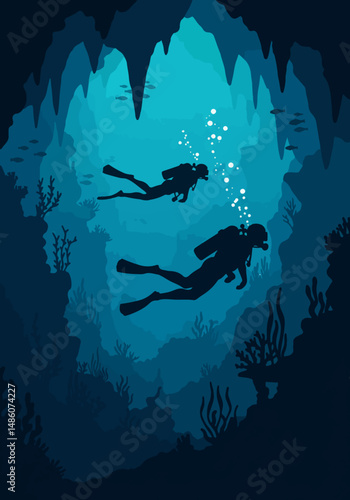 Cave diving adventure: Silhouette illustration of two scuba divers exploring an underwater cave system with coral reefs and fish in deep blue water. Underwater exploration