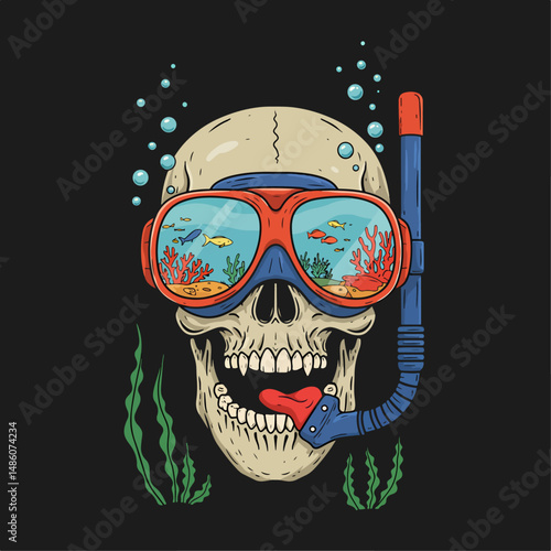 Humorous diving skull vector illustration. Cartoon skull wearing a snorkel and goggles reflecting an underwater scene with fish and coral. Unique and quirky design logo