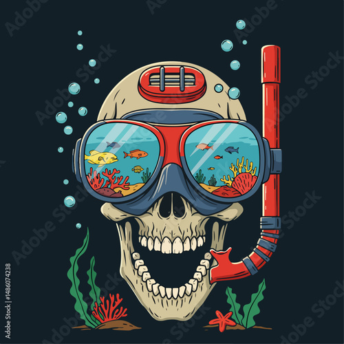 Humorous diving skull vector illustration. Cartoon skull wearing a snorkel and goggles reflecting an underwater scene with fish and coral. Unique and quirky design logo