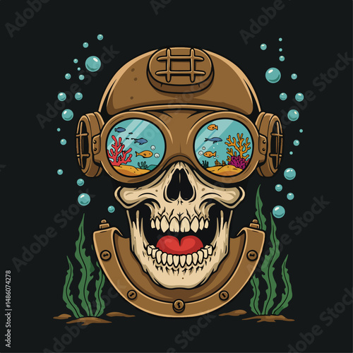 Humorous diving skull vector illustration. Cartoon skull wearing a snorkel and goggles reflecting an underwater scene with fish and coral. Unique and quirky design logo