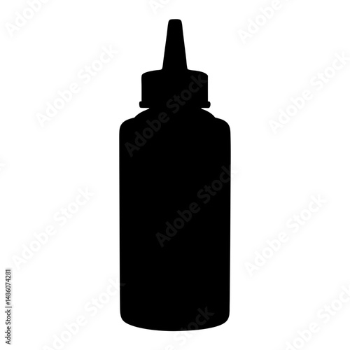 Silhouette of a long narrow dispensing bottle with pointed nozzle and lid