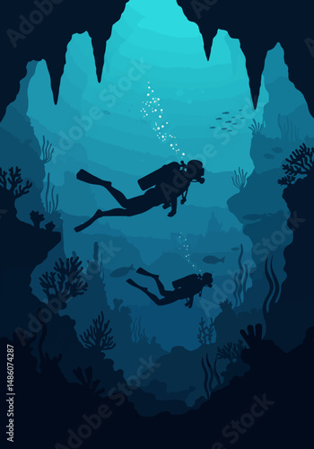 Cave diving adventure: Silhouette illustration of two scuba divers exploring an underwater cave system with coral reefs and fish in deep blue water. Underwater exploration